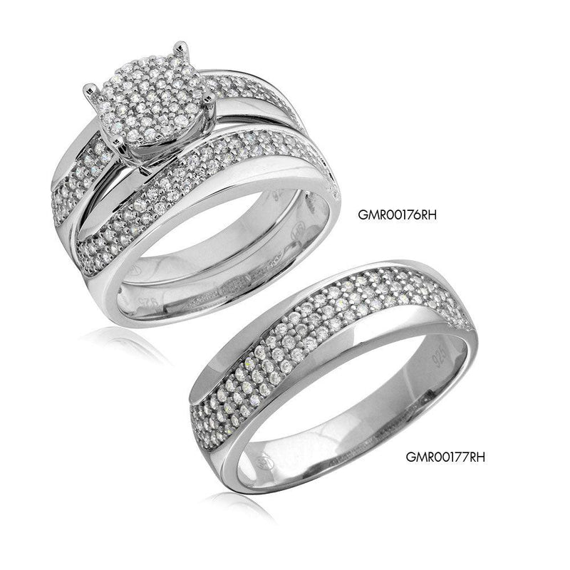 Silver 925 Rhodium Plated Wave CZ Band Round Center Cluster Stones Wedding Ring - GMR00176
