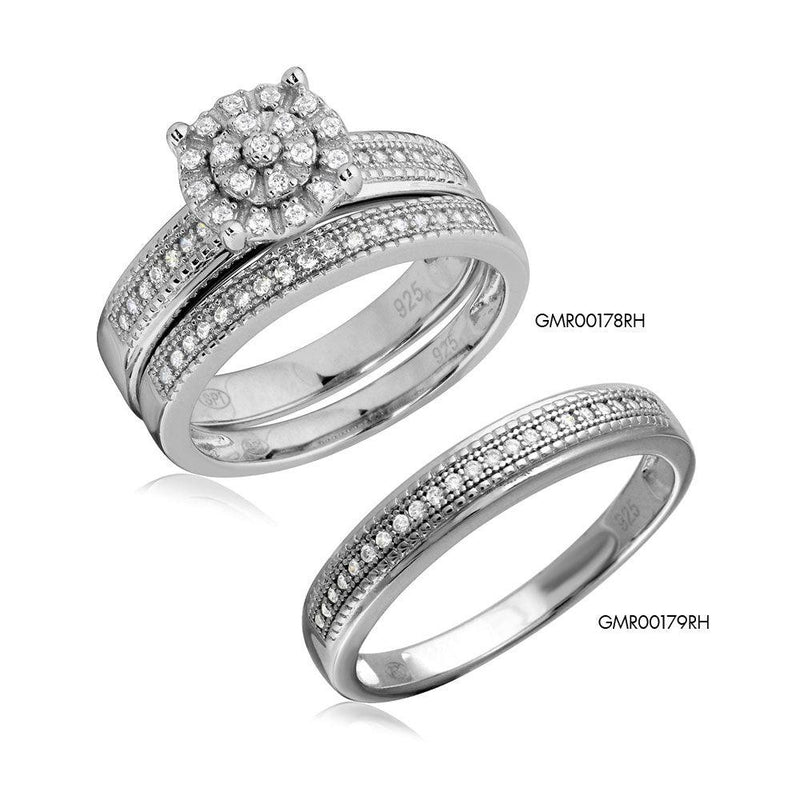 Rhodium Plated 925 Sterling Silver Cluster Stones Wedding Ring Set - GMR00178