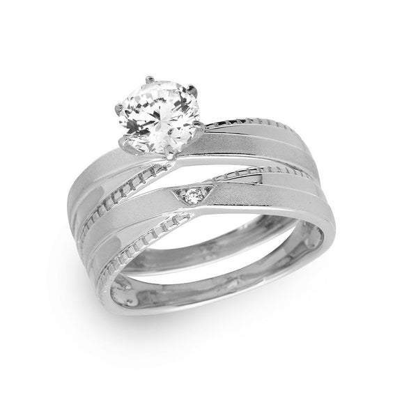 Silver 925 Rhodium Plated Round Solitaire Trio Bridal Ring - GMR00180 | Silver Palace Inc.