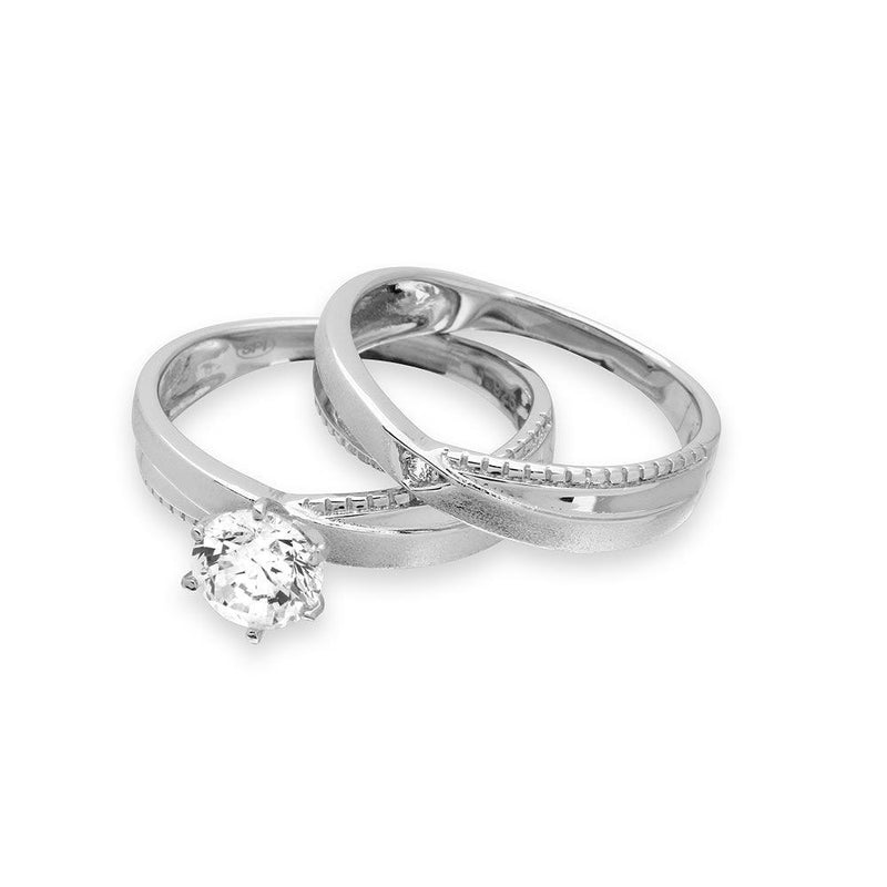 Silver 925 Rhodium Plated Round Solitaire Trio Bridal Ring - GMR00180