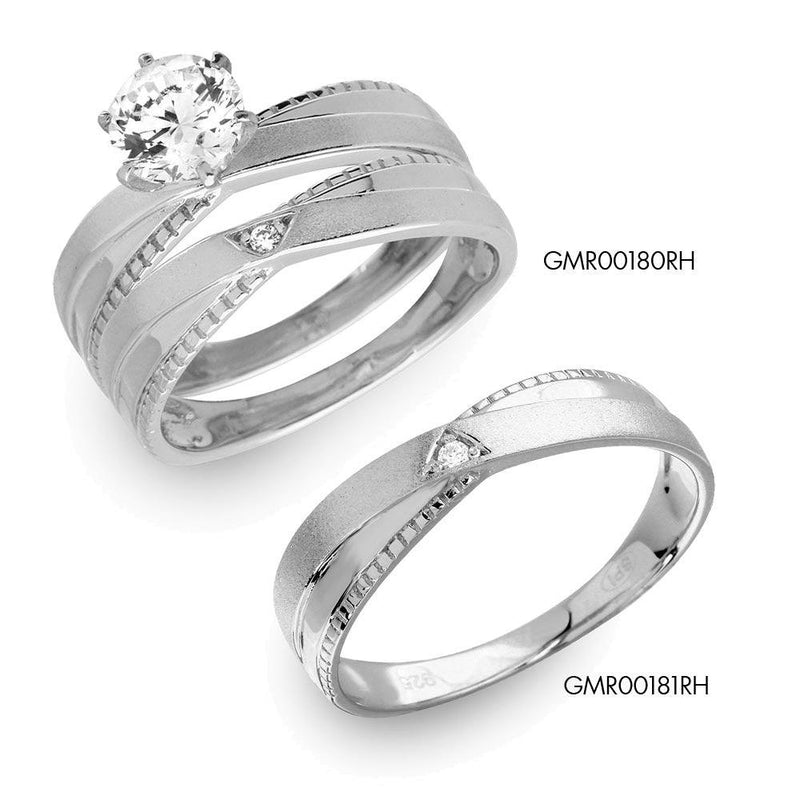 Silver 925 Rhodium Plated Round Solitaire Trio Bridal Ring - GMR00180