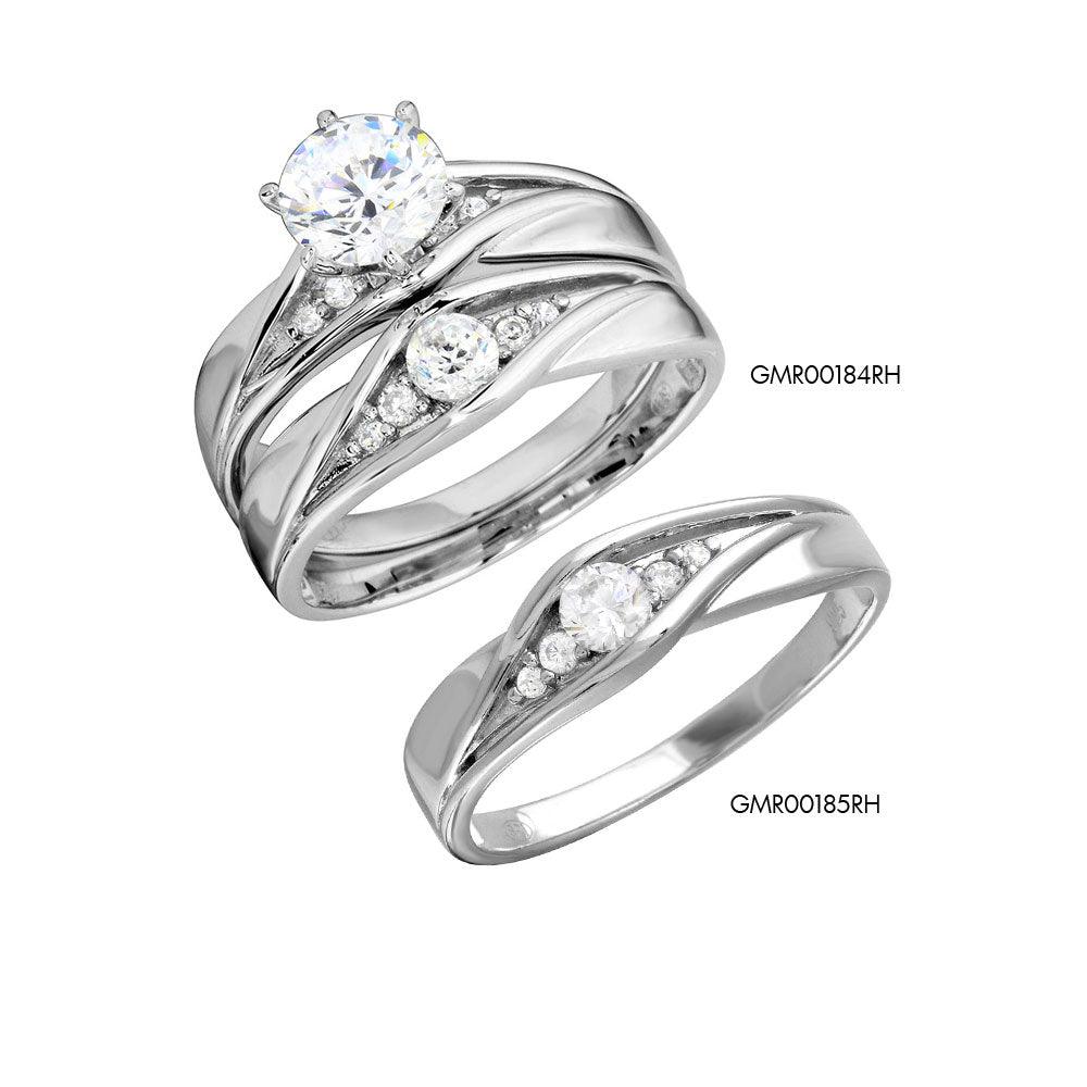 Anillo de bodas de plata de ley 925 rodiada con circonita central redonda - GMR00184