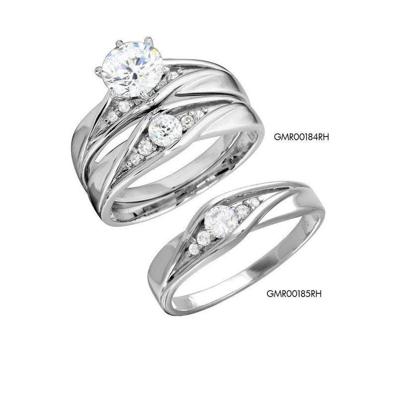 Rhodium Plated 925 Sterling Silver Round CZ Center Stone Wedding Ring - GMR00184