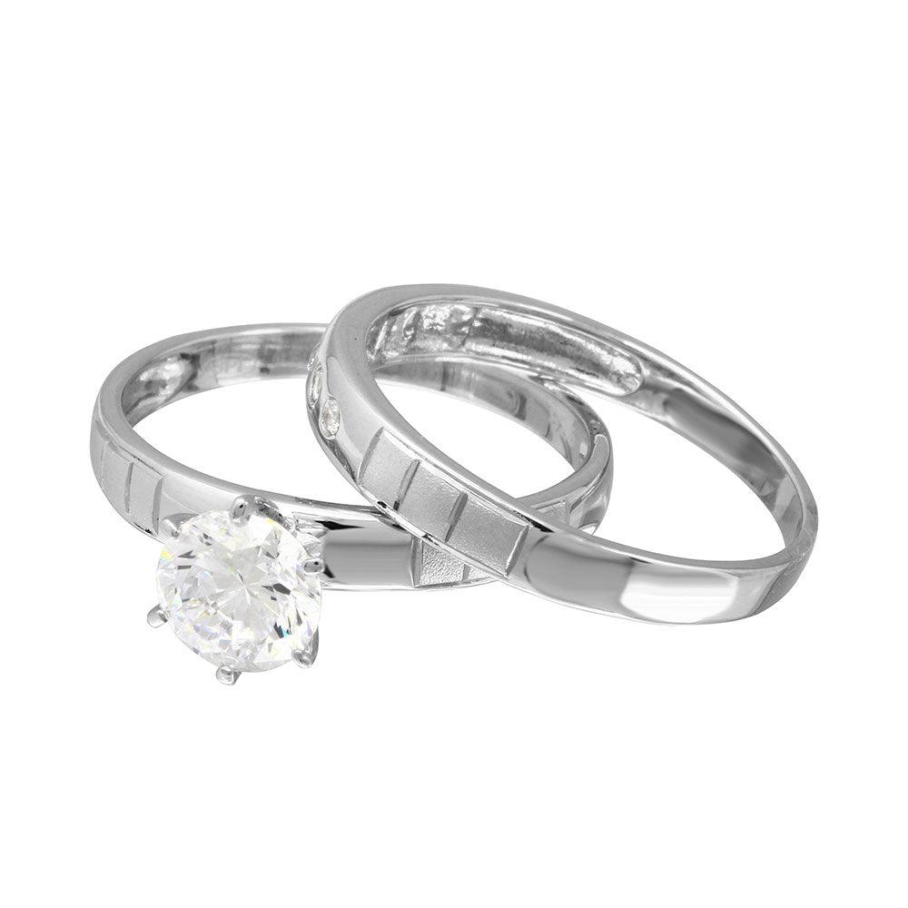 Anillo de novia de tres piezas en plata de ley 925 rodiada con diseño de caña lineal - GMR00188