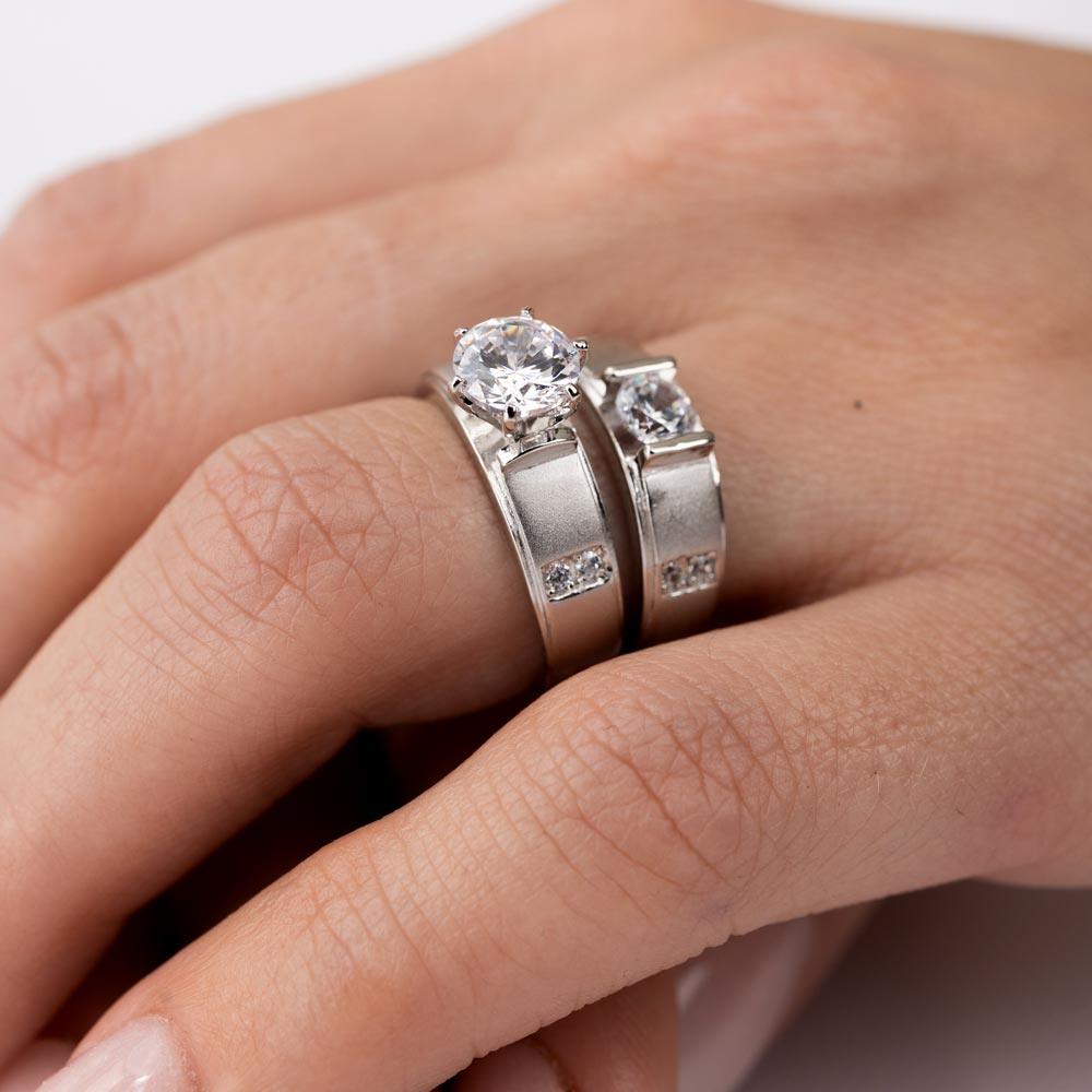 Silver 925 Rhodium Plated with Matte Finish Round Center Trio Bridal Ring - GMR00190