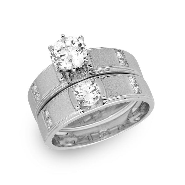 Silver 925 Rhodium Plated with Matte Finish Round Center Trio Bridal Ring - GMR00190 | Silver Palace Inc.