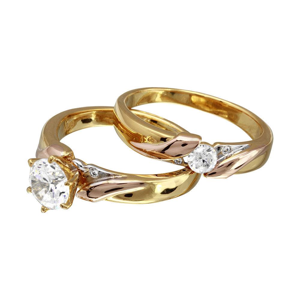 Anillo nupcial de tres circonitas cúbicas en tres tonos de plata de ley 925 rodiada - GMR00198TRI