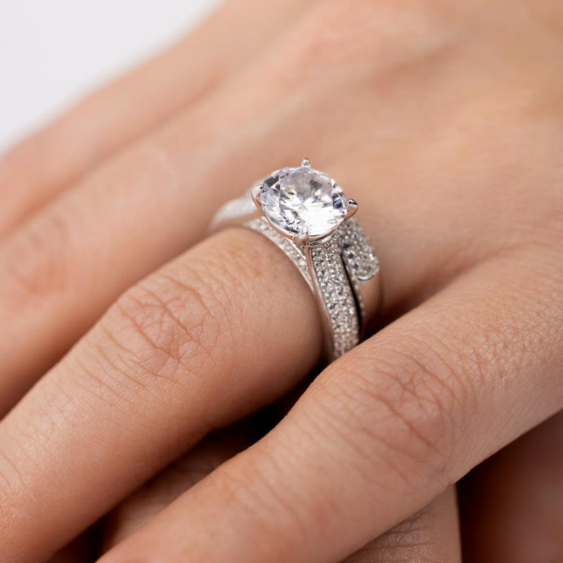 Rhodium Plated 925 Sterling Silver Micro Pave Shank Bridal Single Center Stone Ring - GMR00204