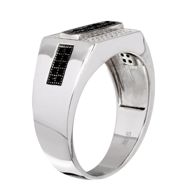 Silver 925 Rhodium Plated Rectangle Black and Clear CZ Ring - GMR00216RB