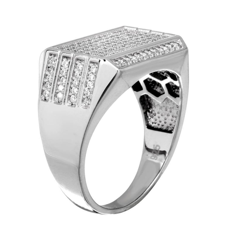 Rhodium Plated 925 Sterling Silver Men's Rectangular Ring with CZ - GMR00220
