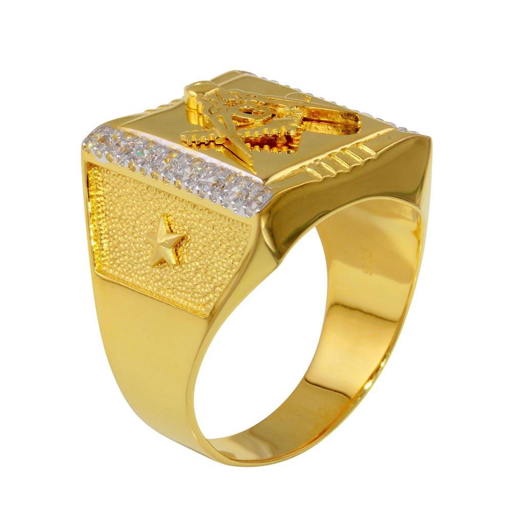 Clearance - Two-Tone 925 Sterling Silver Square Masonik Ring with CZ - GMR00238GR