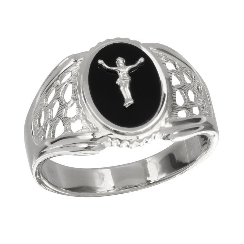 Rhodium Plated 925 Sterling Silver Black Oval Body of Christ Ring - GMR00241RH | Silver Palace Inc.