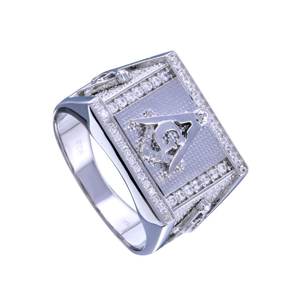Rhodium Plated 925 Sterling Silver Men's Masonry Statement CZ Ring - GMR00243