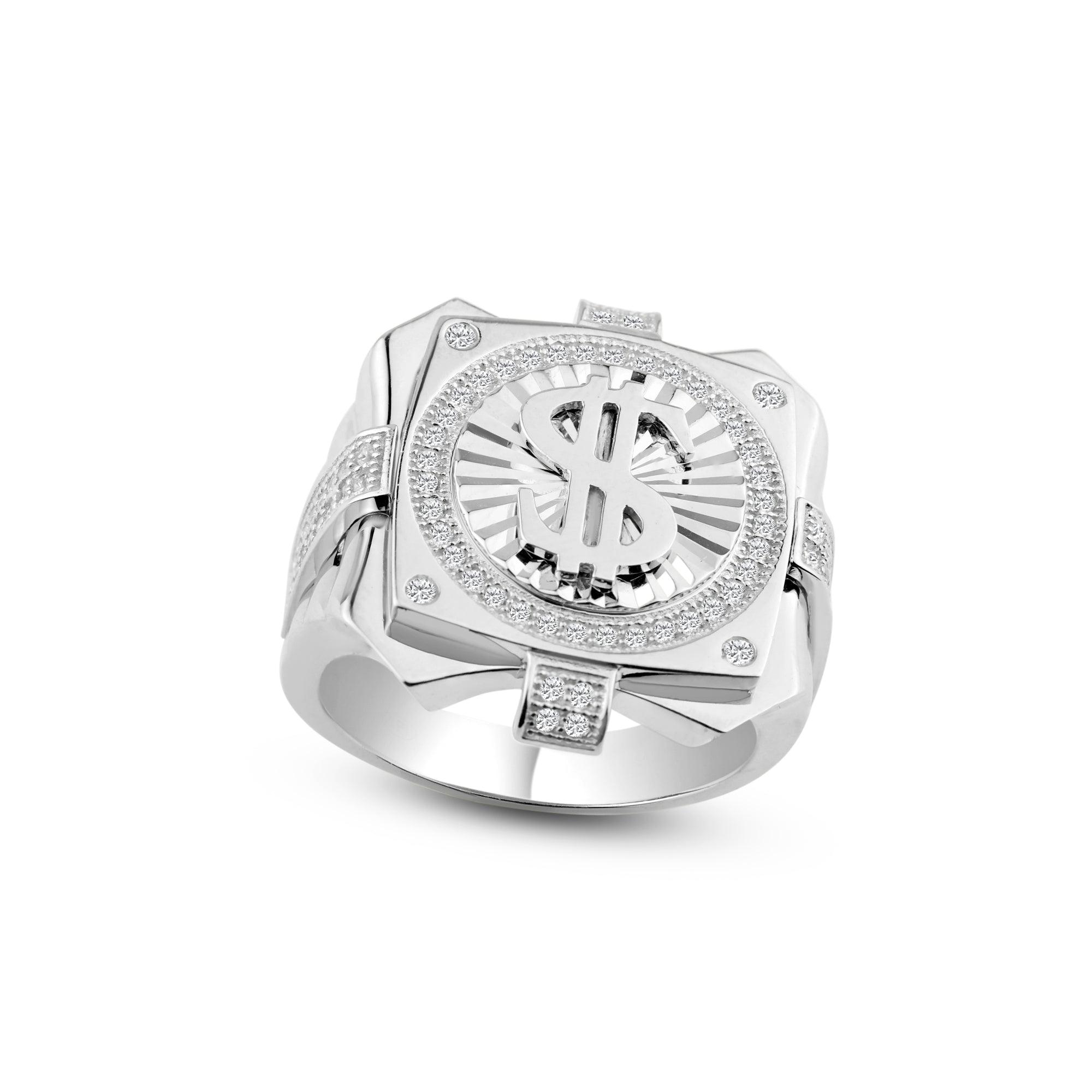 Men's Sterling Rhodium Plated 925 Sterling Silver Dollar Sign Ring - GMR00244RH | Silver Palace Inc.