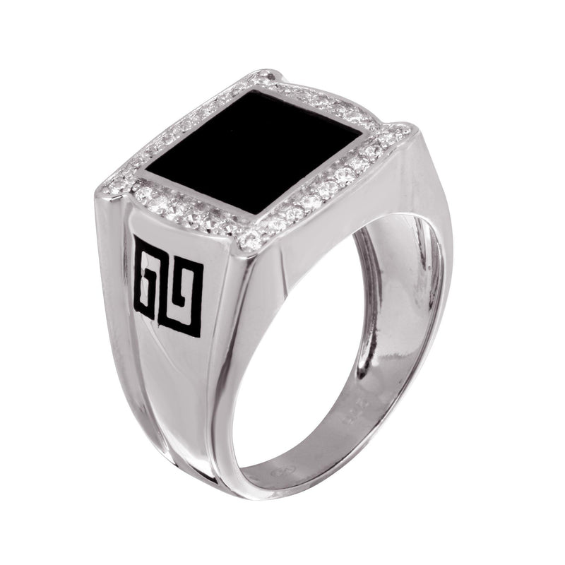 Rhodium Plated 925 Sterling Silver Men's Flat Square Onyx Ring with CZ - GMR00249RH