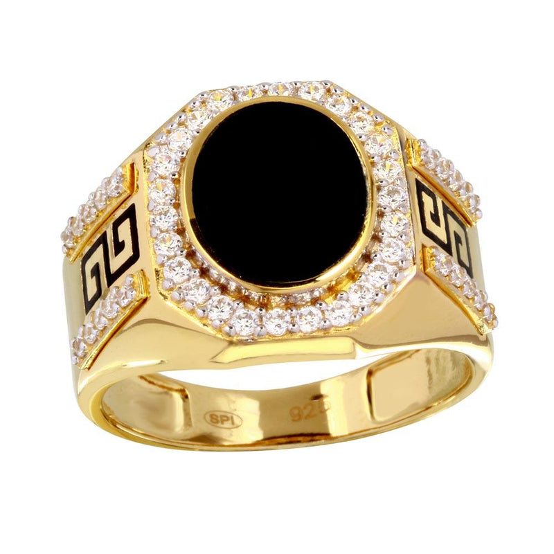 Men's Sterling Silver 925 Gold Plated Flat Oval Onyx Ring with CZ - GMR00250GR | Silver Palace Inc.