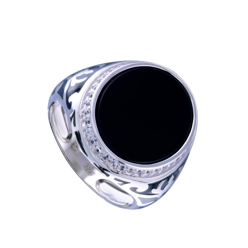 Rhodium Plated 925 Sterling Silver Men's Flat Oval Onyx Ring with CZ - GMR00251RH