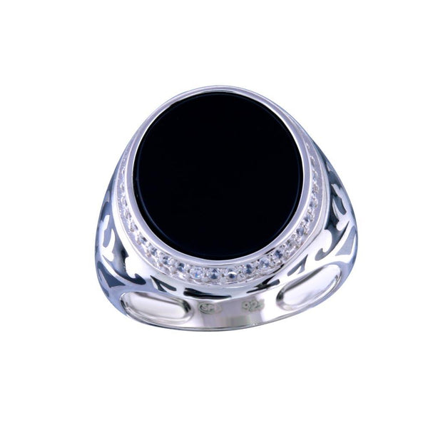 Men's Sterling Rhodium Plated 925 Sterling Silver Flat Oval Onyx Ring with CZ - GMR00251RH | Silver Palace Inc.
