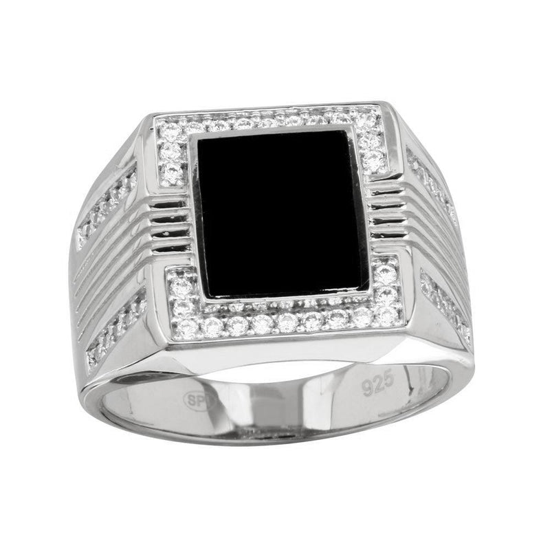 Men's Sterling Rhodium Plated 925 Sterling Silver Square Flat Onyx Ring with CZ - GMR00252RH | Silver Palace Inc.