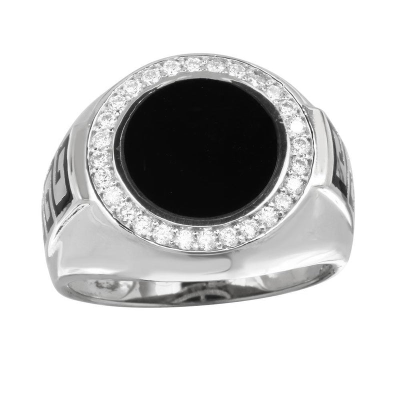 Men's Sterling Rhodium Plated 925 Sterling Silver Round Flat Round Onyx Ring with CZ - GMR00254RH | Silver Palace Inc.
