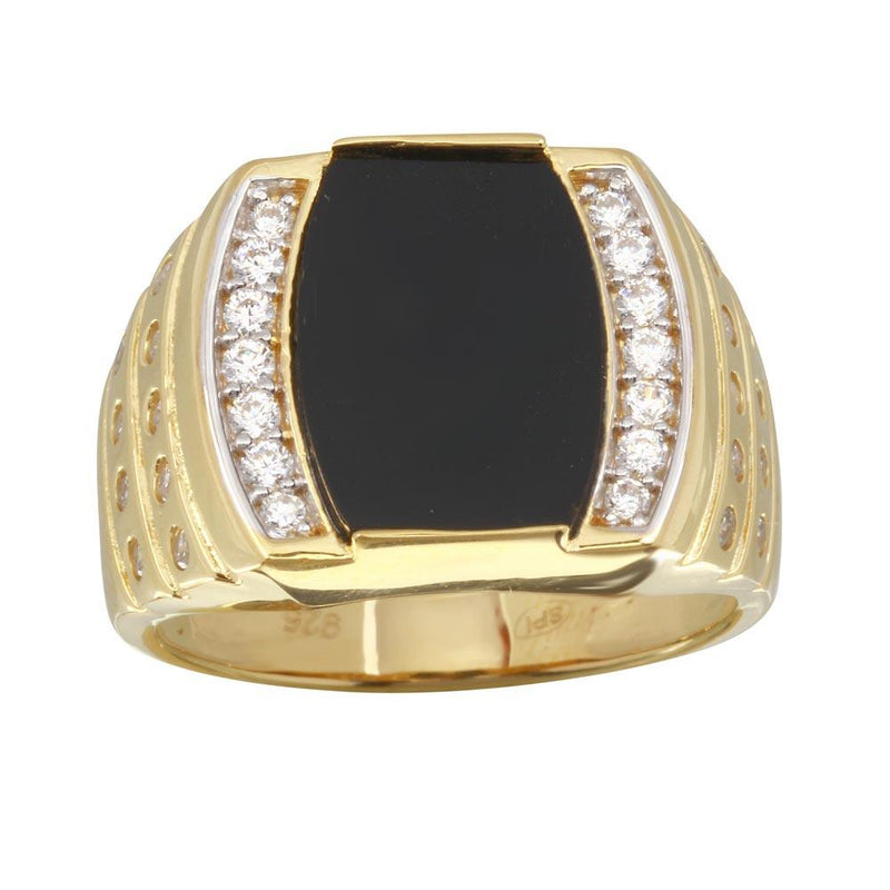 Men's Sterling Silver 925 Gold Plated Flat Oval Onyx Ring with CZ - GMR00255GR | Silver Palace Inc.