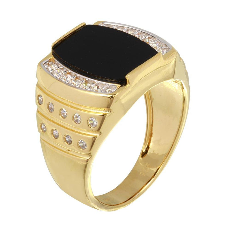 Men's Sterling Silver 925 Gold Plated Flat Oval Onyx Ring with CZ - GMR00255GR