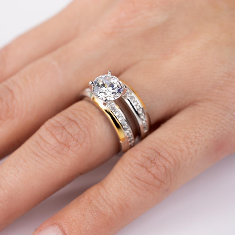 Anillos dobles apilables bicolor de plata de ley 925 con baño de oro y rodio y circonita - GMR00262RG
