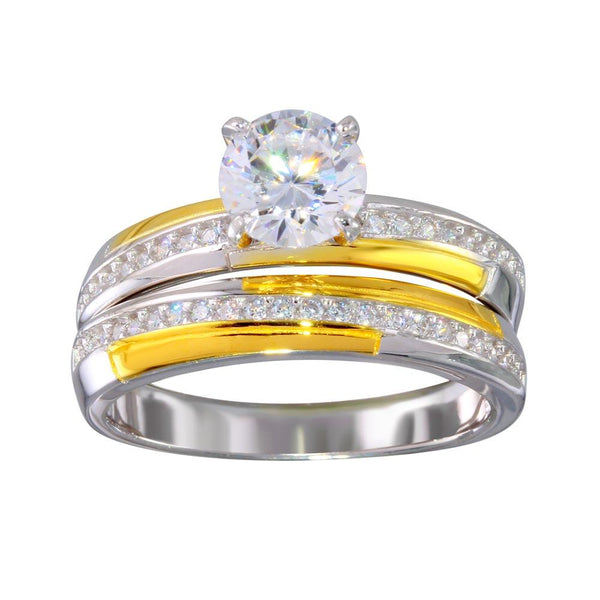 Silver 925 Two-Toned Gold and Rhodium Plated Stackable Double Rings with CZ - GMR00262RG | Silver Palace Inc.