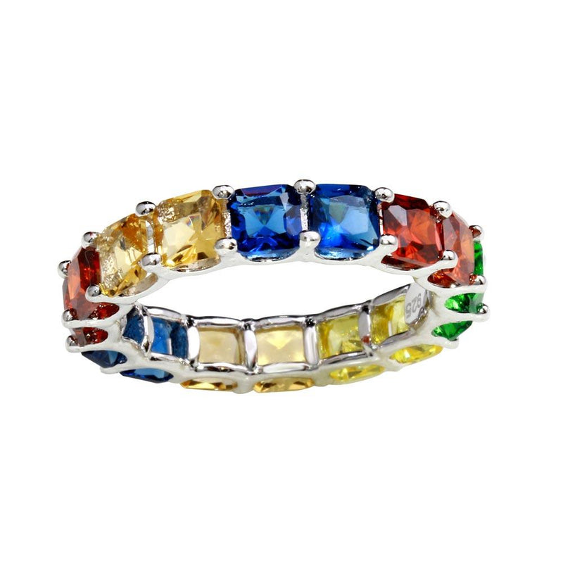 Silver 925 Rhodium Plated Multi-Colored Square CZ Stone Ring - GMR00270RBC | Silver Palace Inc.