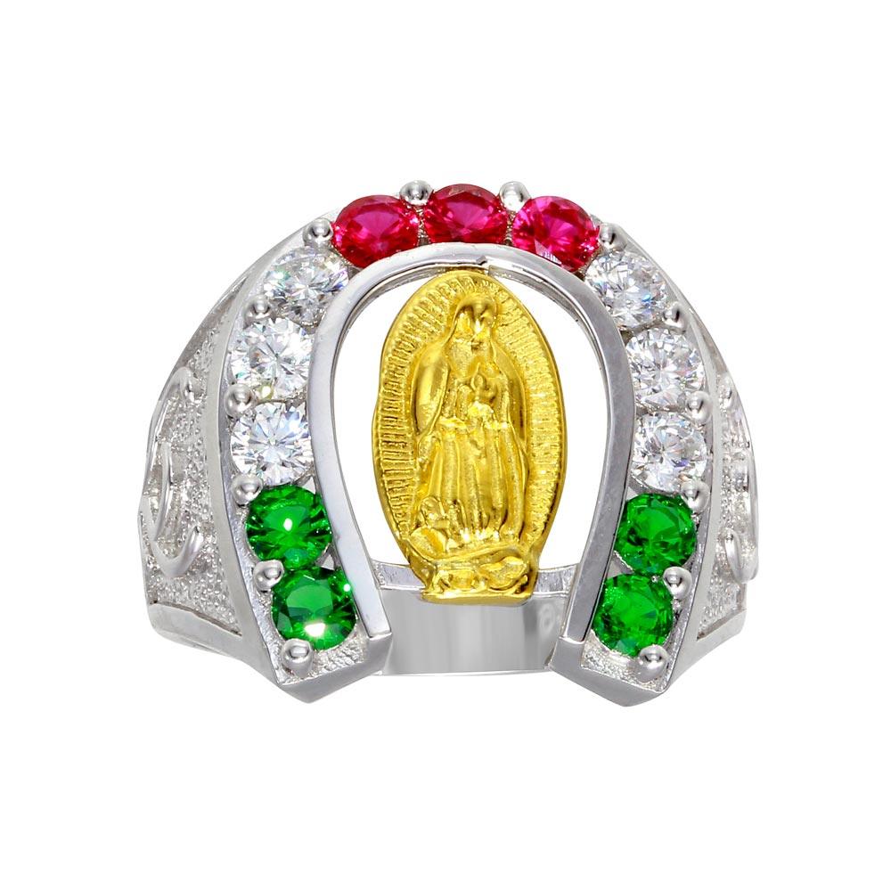 Men's Sterling Silver Rhodium Plated Horse Shoe Multi Color CZ Ring - GMR00273RG | Silver Palace Inc.