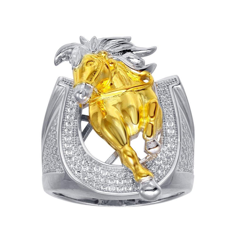 Men's Sterling Silver 2 Toned CZ Horse Shoe Gold Horse Ring - GMR00281RG | Silver Palace Inc.