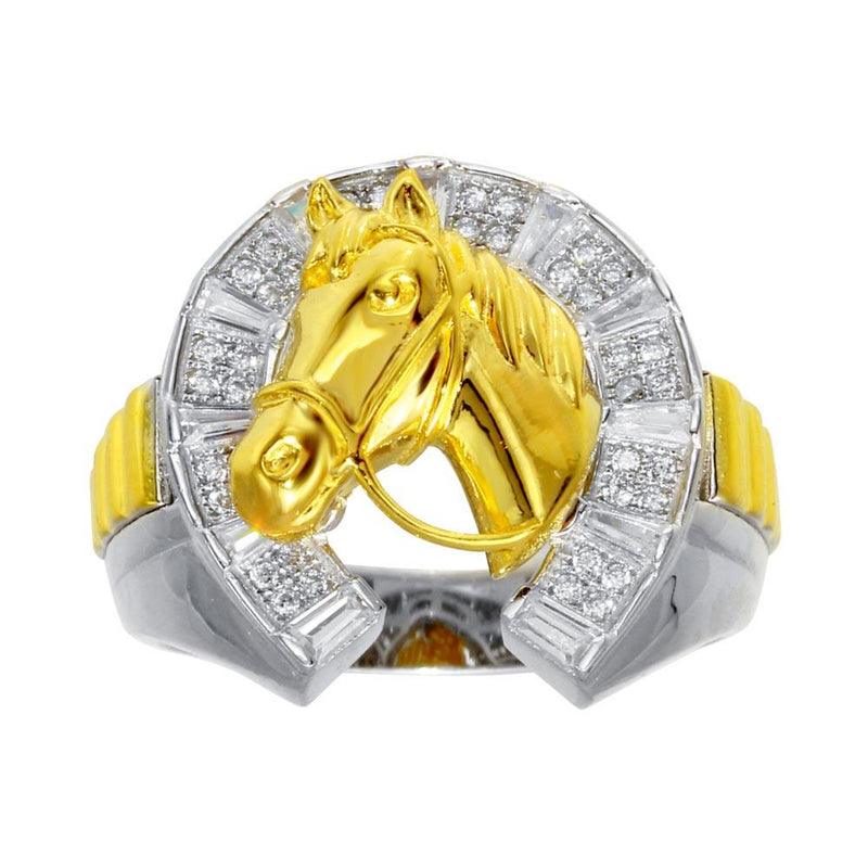Men's Sterling Silver 2 Toned CZ Horse Shoe Gold Horse Ring - GMR00282RG | Silver Palace Inc.