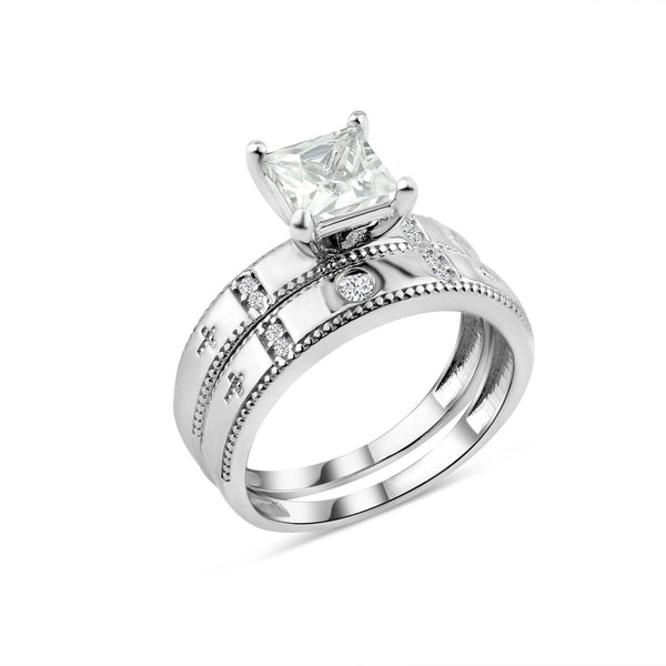 Rhodium Plated 925 Sterling Silver Square CZ Cross Shank Design Ring - GMR00285 | Silver Palace Inc.