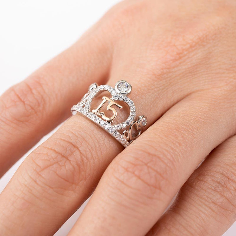 Two-Tone Silver CZ Quinceanera Tiara Ring - GMR00303RHR