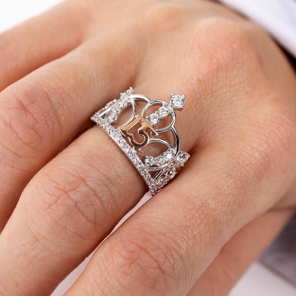 Anillo de corona de quinceañera en plata de ley 925 de dos tonos con circonitas - GMR00304RHR