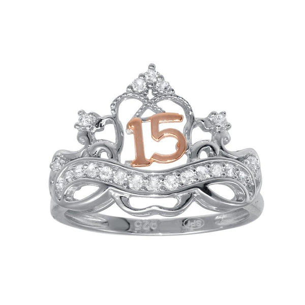 Silver CZ Quinceanera Crown 2 Toned Ring - GMR00307RHR | Silver Palace Inc.