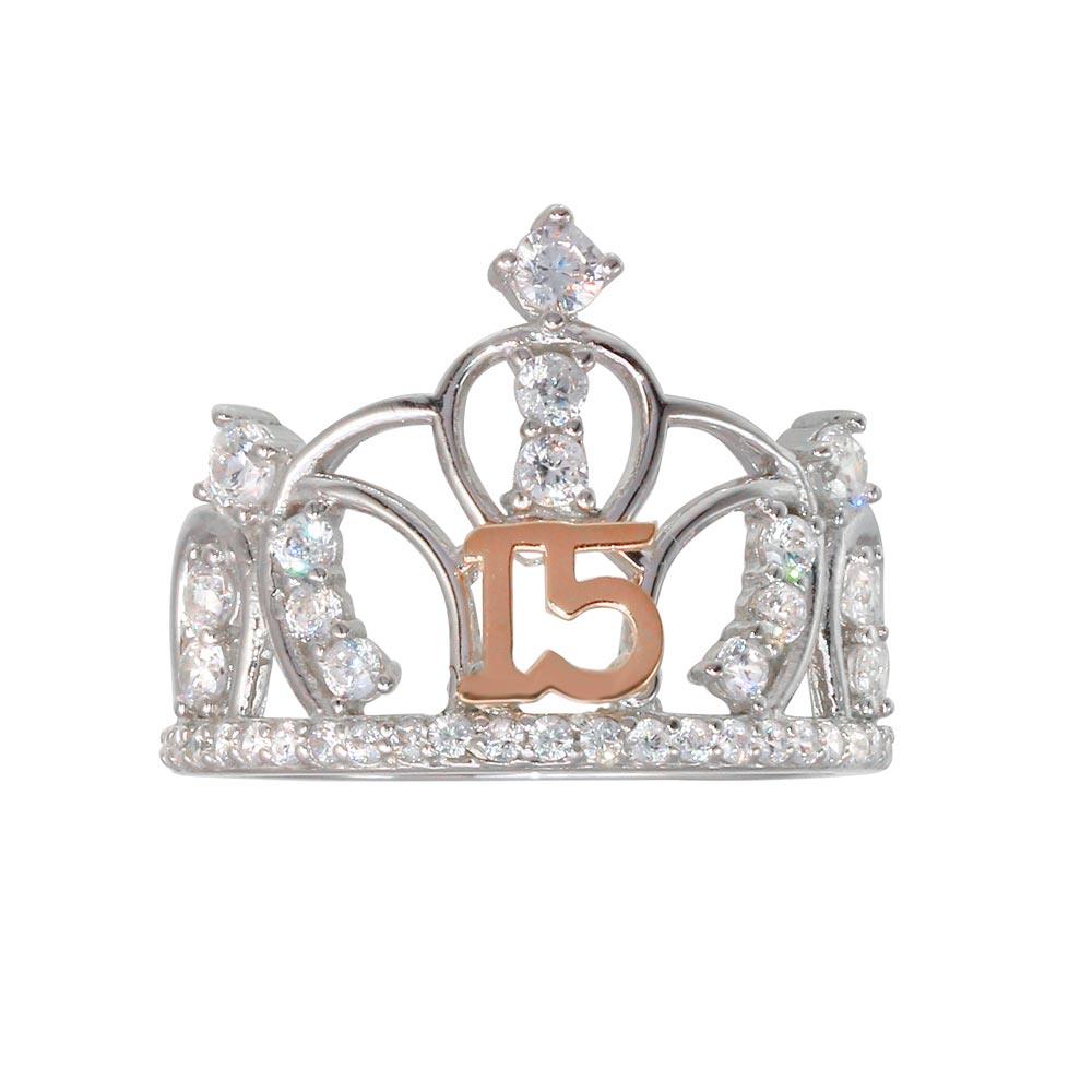 Silver CZ Quinceanera Crown 2 Toned Ring - GMR00304RHR | Silver Palace Inc.