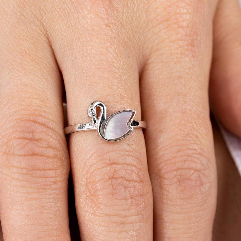 Rhodium Plated 925 Sterling Silver CZ Swan Synthetic Mother of Pearl Ring - GMR00308
