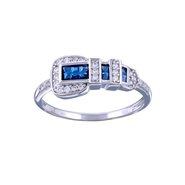 Rhodium Plated 925 Sterling Silver Blue and Clear CZ Belt Ring - GMR00319BLU | Silver Palace Inc.