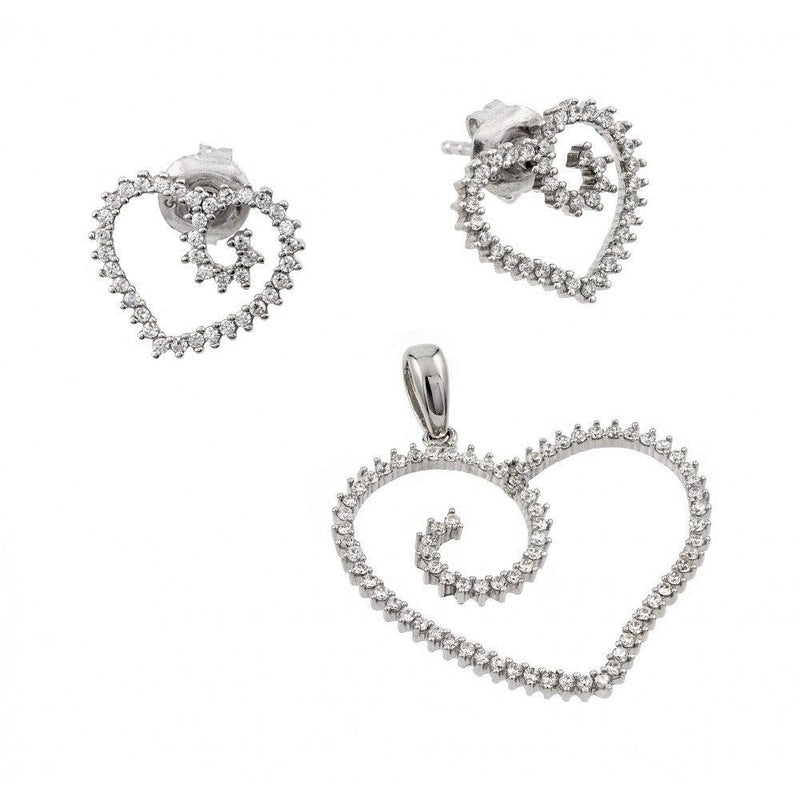 Silver 925 Rhodium Plated Clear Open Heart CZ Stud Earring and Necklace Set - GMS00002RH | Silver Palace Inc.