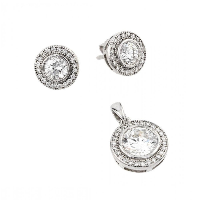 Silver 925 Rhodium Plated Round Micro Pave Pendant and Matching Earring Set - GMS00003RH | Silver Palace Inc.