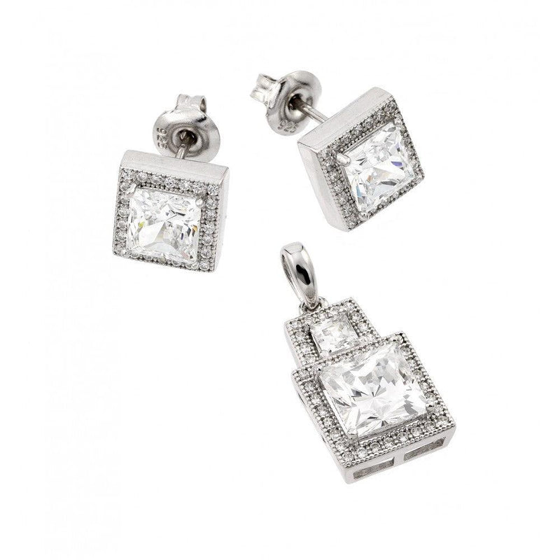 Silver 925 Rhodium Plated Clear Square Micro Pave CZ Stud Earring and Dangling Necklace Set - GMS00004RH | Silver Palace Inc.