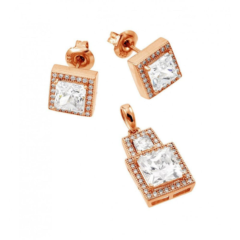 Silver 925 Rose Gold Plated Clear Square Micro Pave CZ Stud Earring and Dangling Necklace Set - GMS00004RGP | Silver Palace Inc.