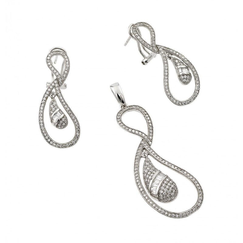 Silver 925 Rhodium Plated Clear Open Loop Eggplant CZ Dangling Stud Earring and Necklace Set - GMS00005 | Silver Palace Inc.