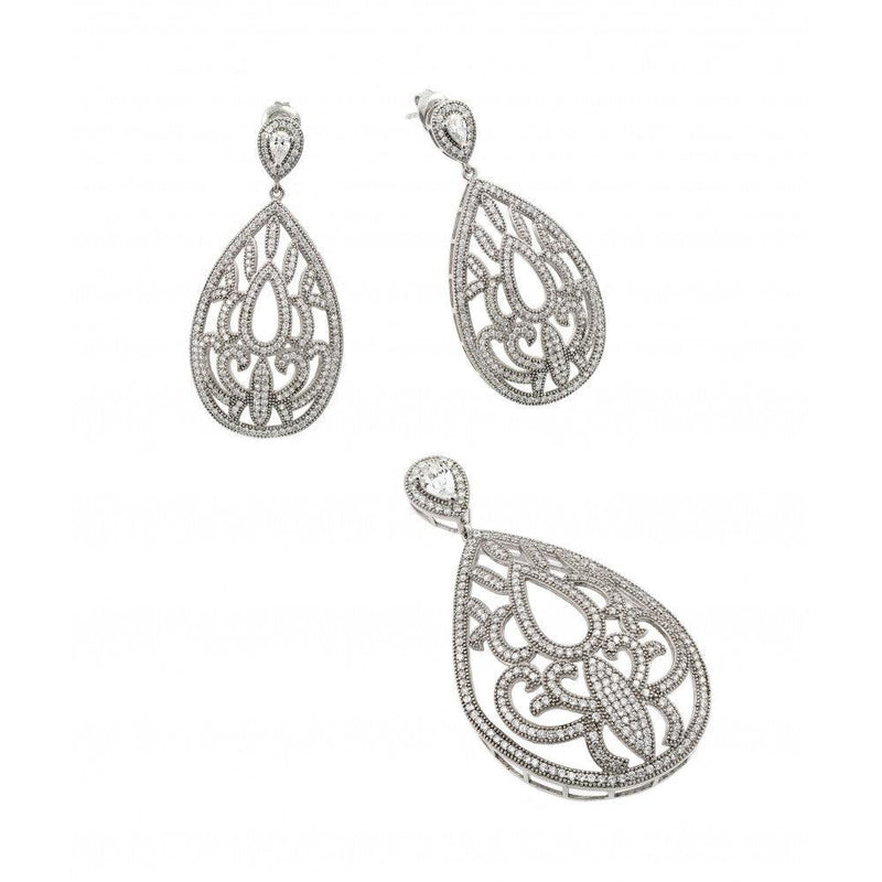 Silver 925 Rhodium Plated Clear Filigree Micro Pave CZ Dangling Stud Earring and Necklace Set - GMS00007RH | Silver Palace Inc.