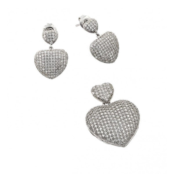 Silver 925 Rhodium Plated Clear Micro Pave Heart CZ Dangling Stud Earring and Dangling Necklace Set - GMS00009RH | Silver Palace Inc.