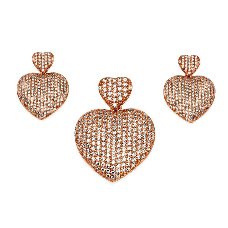 Silver 925 Rose Gold Plated Clear Micro Pave Heart CZ Dangling Stud Earring and Dangling Necklace Set - GMS00009RGP | Silver Palace Inc.
