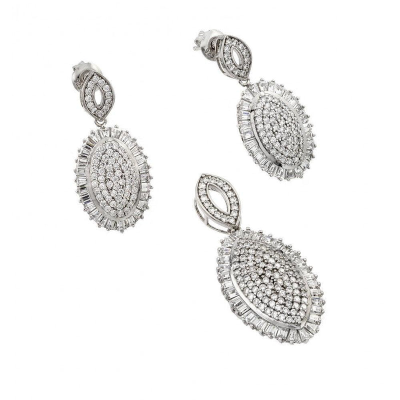 Silver 925 Rhodium Plated Clear Micro Pave Oval CZ Dangling Stud Earring and Dangling Necklace Set - GMS00010 | Silver Palace Inc.