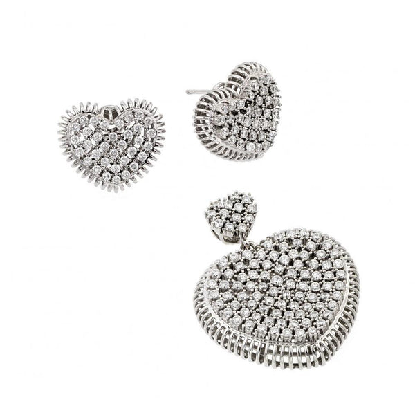 Silver 925 Rhodium Plated Clear Micro Pave Heart CZ Stud Earring and Dangling Necklace Set - GMS00011 | Silver Palace Inc.