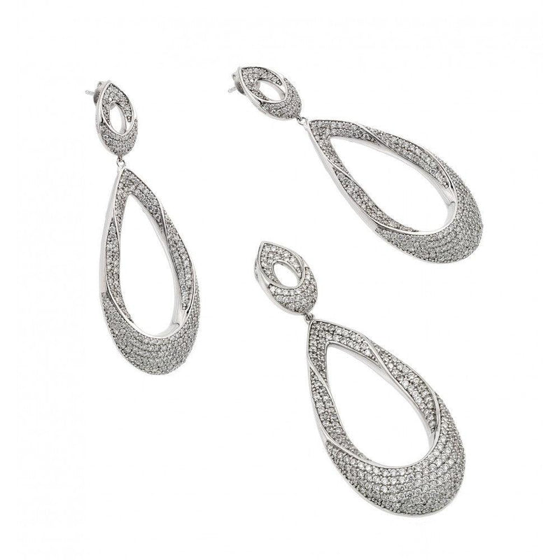 Silver 925 Rhodium Plated Clear Open Micro Pave Teardrop CZ Dangling Stud Earring and Dangling Necklace Set - GMS00012 | Silver Palace Inc.
